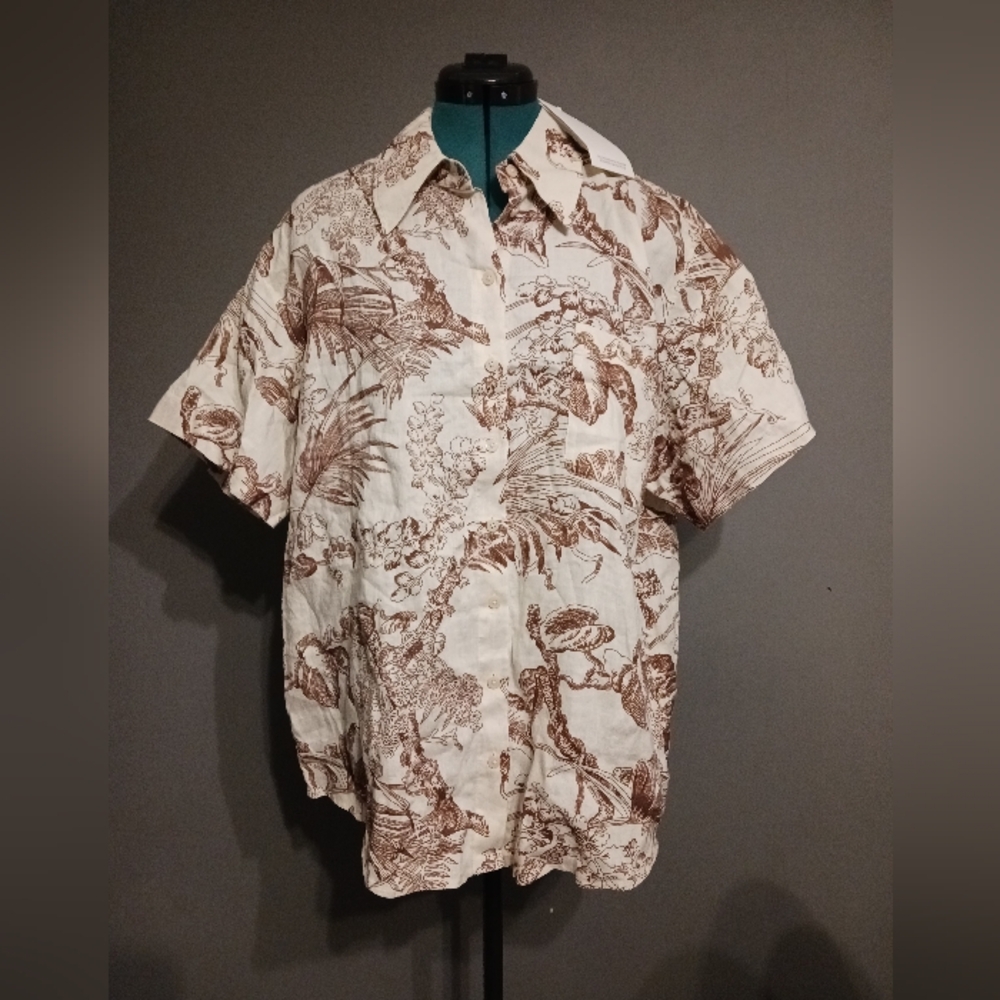 NWT COS Botanical Print Linen Button Down Shirt Size 12
